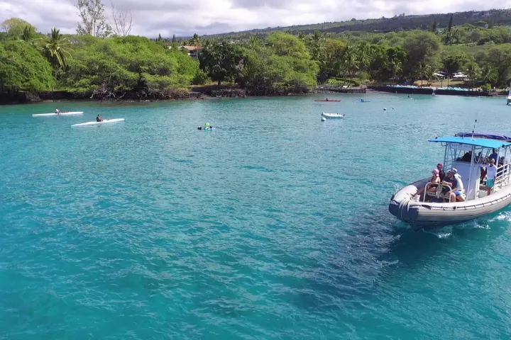 boat leaving the bay near stand up paddle boarders
