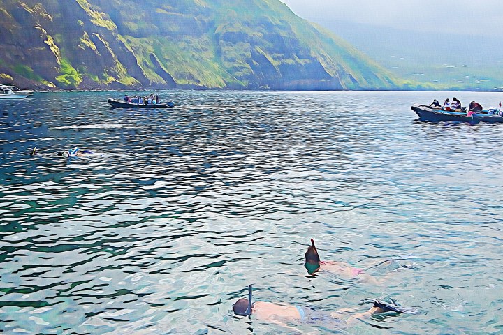 a body of water with a mountain in the background